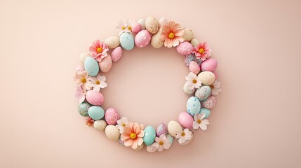Poster - A decorative Easter wreath made of colorful eggs and soft flowers placed on a neutral background, with ample space in the foreground for personalized text or holiday greetings
