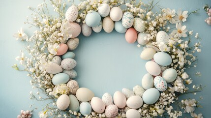 Poster - A decorative Easter wreath made of pastel-colored eggs and flowers, placed on a soft background with ample space around it for holiday text or seasonal messages