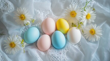 Poster - A flat lay of pastel-colored Easter eggs arranged on a delicate lace cloth, leaving space for custom designs or Happy Easter text