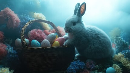Poster - A fluffy Easter bunny sitting beside a basket filled with colorful eggs, surrounded by vibrant spring flowers, leaving ample room for customized text or messages