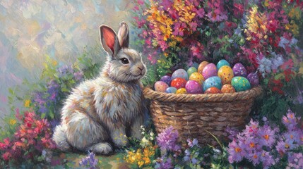 Poster - A fluffy Easter bunny sitting beside a basket filled with colorful eggs, surrounded by vibrant spring flowers, leaving ample room for customized text or messages
