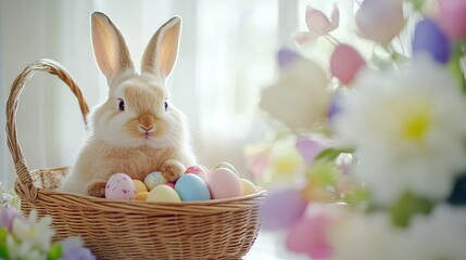 Poster - A fluffy Easter bunny sitting beside a basket filled with colorful eggs, surrounded by vibrant spring flowers, leaving ample room for customized text or messages