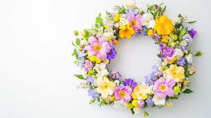 Poster - A fresh spring flower wreath in pastel colors, placed against a light-colored background with empty space in the center for Happy Easter messages