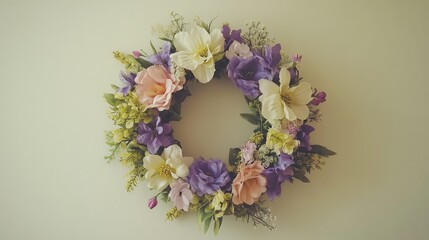 Poster - A fresh spring flower wreath in pastel colors, placed against a light-colored background with empty space in the center for Happy Easter messages