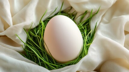 Poster - A light pastel-colored Easter egg resting on a soft cloth surrounded by green grass, with plenty of space for custom text or Easter designs