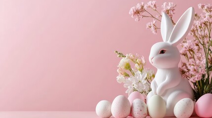 Poster - A pastel-colored bunny figurine surrounded by Easter eggs and fresh flowers, with plenty of empty space in the background for holiday messages or text