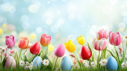 Poster - A pastel Easter greeting card with a beautiful floral border and colorful eggs, surrounded by plenty of open space for personalized text or holiday greetings