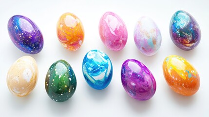 Poster - A selection of beautifully painted Easter eggs in various colors, placed on a light background with plenty of space for festive designs or custom messages