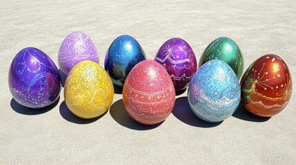 Poster - A set of multicolored Easter eggs arranged on a clean, light-colored surface, surrounded by open space for creative holiday copy or designs