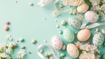 Poster - A soft pastel background with an Easter greeting card surrounded by colorful eggs, flowers, and soft ribbons, leaving plenty of space for seasonal text or messages