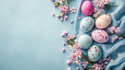 Poster - A vibrant Easter centerpiece with colorful eggs and springtime flowers arranged beautifully on a soft cloth, leaving room for personalized holiday messages or greetings