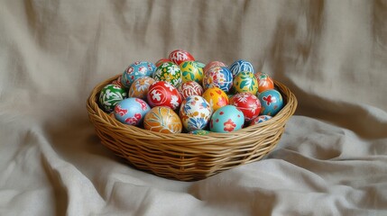 Poster - A woven Easter basket filled with brightly decorated eggs, sitting on a light pastel-colored cloth, with ample space for holiday messages or custom designs