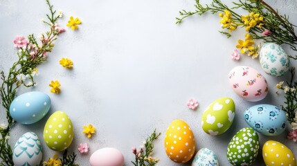 Poster - Brightly colored Easter eggs scattered on a white surface, with empty space in the background for creative holiday-themed messages or designs