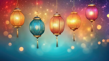 Poster - Bright paper lanterns with intricate patterns glowing during night celebration, colorful backdrop with space