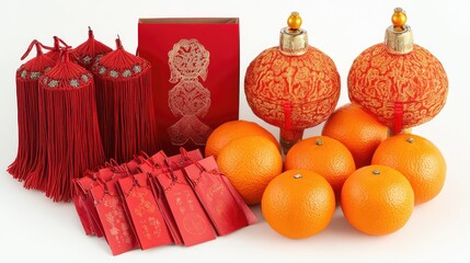 Poster - Chinese New Year decorations, including oranges, red envelopes, and lanterns, with plenty of empty space in the foreground for copy or custom graphics