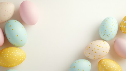 Poster - Colorful Easter eggs resting gently on a smooth white surface, with ample space surrounding them for creative holiday copy or festive designs