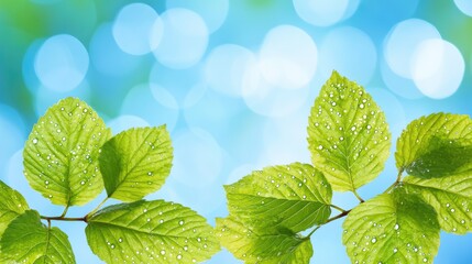 Poster - Dew-covered green leaves with bokeh light in the background, natural freshness with space for design use