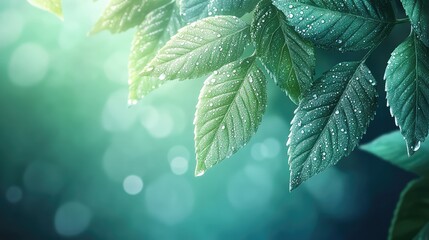 Poster - Dew-covered green leaves with bokeh light in the background, natural freshness with space for design use