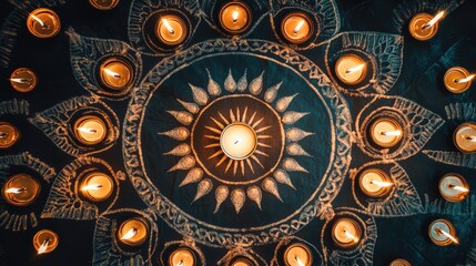 Poster - Diwali rangoli with symmetrical patterns and candles illuminating the design from all sides, clean center space