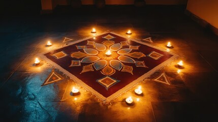 Poster - Diwali rangoli with symmetrical patterns and candles illuminating the design from all sides, clean center space