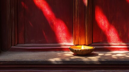 Aufkleber - Diya on a wooden windowsill casting gentle light into the darkness, symbolic and peaceful with blank space