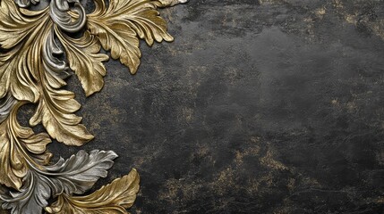 Poster - Elegant silver and gold decor on a black velvet background, luxurious and festive with clear area for layout