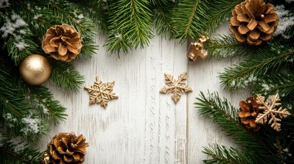 Poster - Fir branches and snowflakes frame on white wooden background, clean and natural holiday setting with copy space