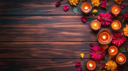 Poster - Flat lay of decorated oil lamps, flowers, and tealight candles on a wooden surface, elegant Diwali celebration vibe with blank area