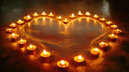Aufkleber - Glowing diyas forming a heart shape with a rangoli border on a flat surface, warm love and light atmosphere