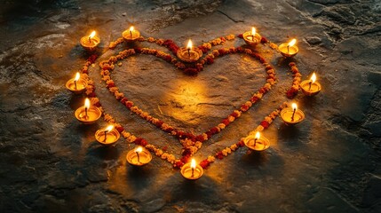 Aufkleber - Glowing diyas forming a heart shape with a rangoli border on a flat surface, warm love and light atmosphere