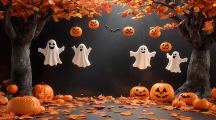 Poster - Halloween scene with ghost decorations hanging from trees, scattered pumpkins below and open space between