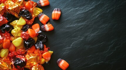 Poster - High angle view of Halloween candy mix with orange and black wrappers on dark tablecloth with space for message