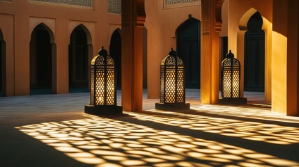 Poster - Lanterns glowing in a courtyard at night with shadows creating a beautiful abstract design and empty space