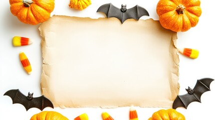 Poster - Overhead shot of Halloween decorations bat garland, mini pumpkins, candy corn around blank parchment in the center
