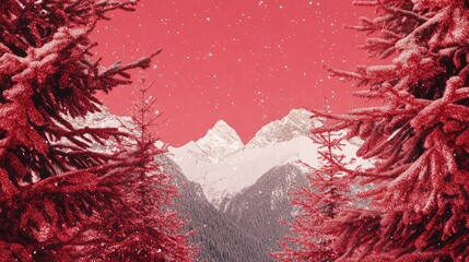 Poster - Red Christmas background with sparkles, fir branches, and blank center space for seasonal design elements