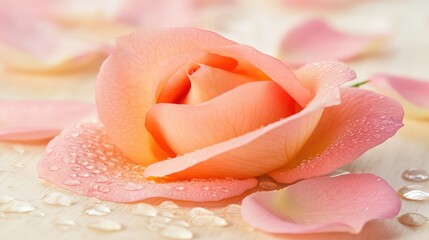 Poster - Soft-focus macro of a single dewdrop on a rose petal with a blurred floral background, gentle and romantic copy space