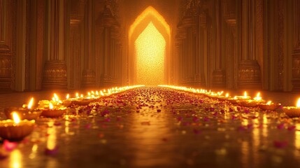 Poster - Sparkling path lined with flickering diyas and scattered petals, guiding light concept for festival designs