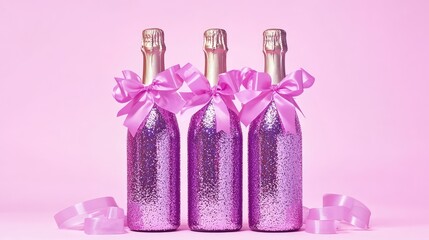 Poster - Wrapped champagne bottles in glitter paper with ribbons and bright background, elegant New Year celebration
