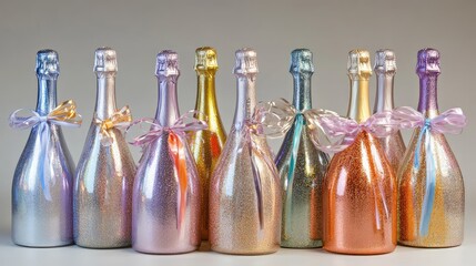 Poster - Wrapped champagne bottles in glitter paper with ribbons and bright background, elegant New Year celebration