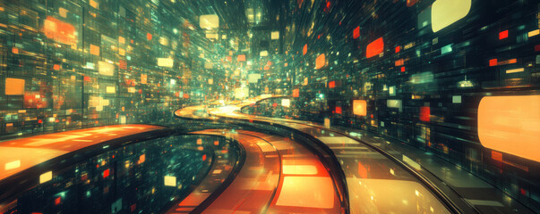Poster - A colorful, futuristic cityscape with a winding road. The city is filled with bright lights and neon signs, creating a sense of energy and excitement
