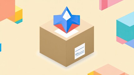 Fototapete - Shipping box with a blue star, surrounded by colorful shapes.