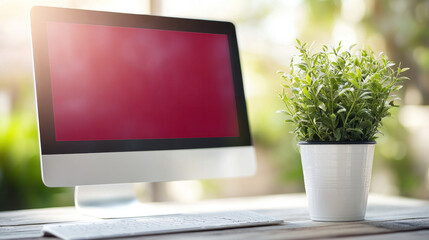 Poster - A computer monitor sits on a desk next to a potted plant. The plant is green and has a small pot. The scene is simple and peaceful, with the computer monitor