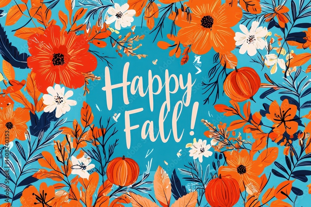A vibrant background features various flowers and pumpkins in shades of orange and blue, conveying a joyful autumn message. The design encapsulates the beauty of fall with a warm feel.
