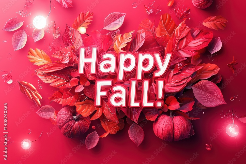 Bright red backdrop adorned with various leaves and pumpkins creates a festive atmosphere celebrating the arrival of fall. The message Happy Fall! stands out, inviting seasonal joy.