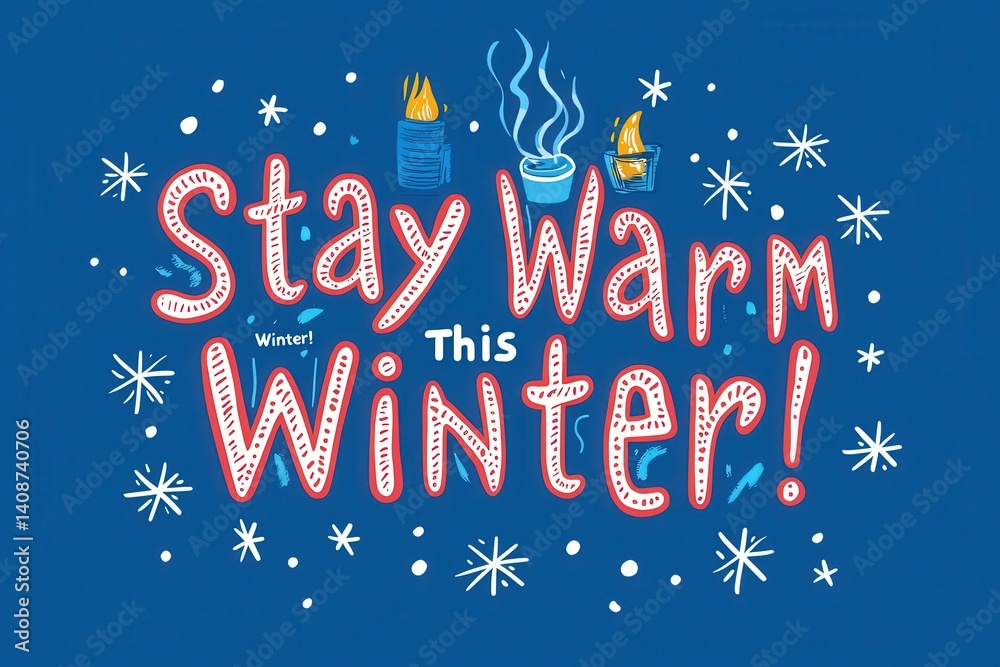 Brightly colored text conveys a winter message encouraging warmth during the cold season. Whimsical elements like candles, steaming beverages, and snowflakes create a festive atmosphere.