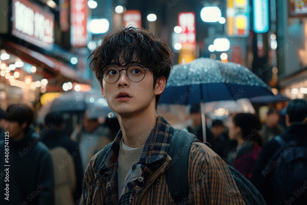A young individual wearing glasses looks up with curiosity while navigating a bustling city street filled with bright neon signs. Rain creates a reflective surface as umbrellas pepper the crowd.