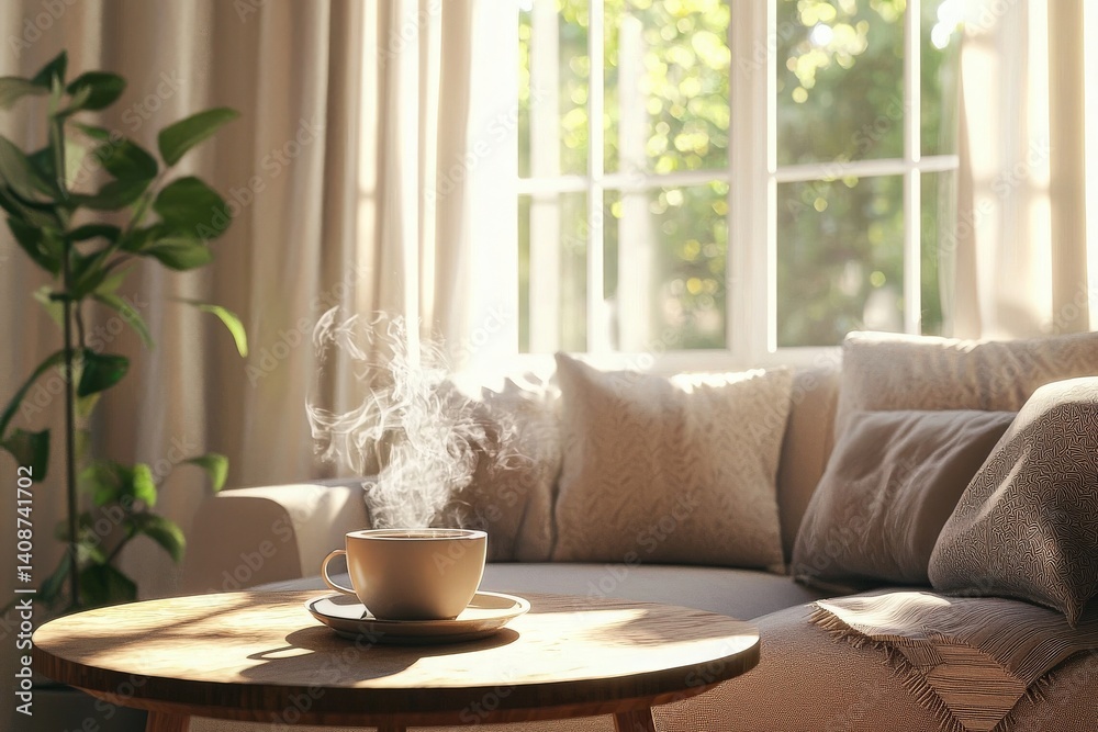 A steaming cup of coffee rests on a wooden table next to a soft couch, illuminated by sunlight streaming through large windows. The tranquil indoor setting includes green plants and plush cushions.