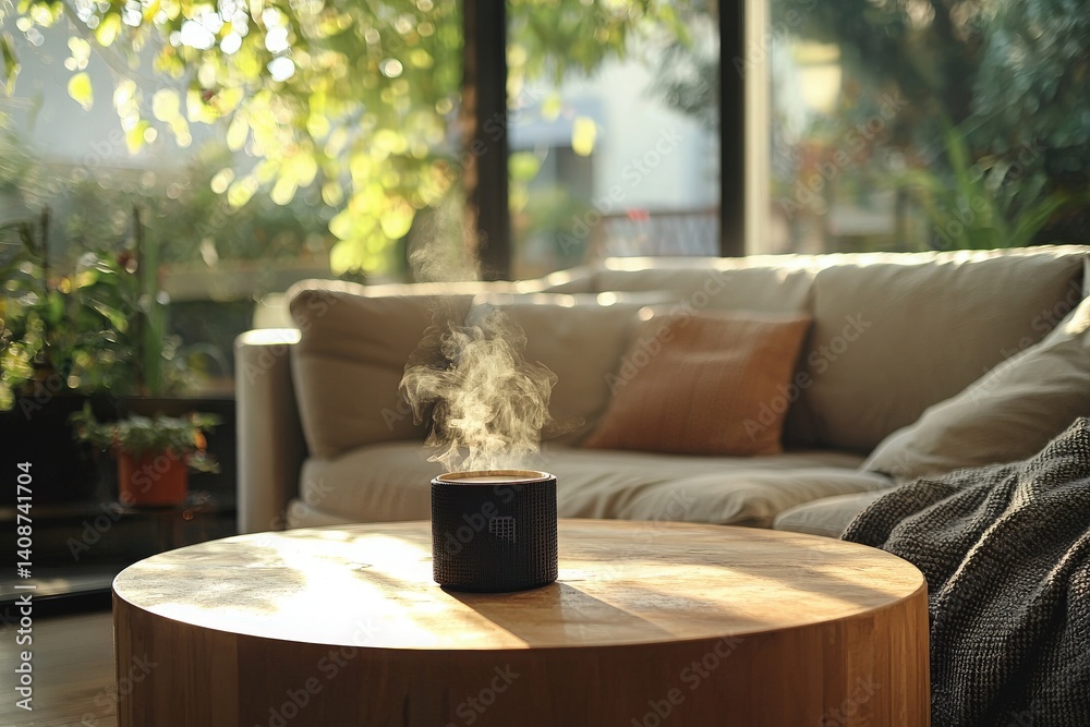 A steaming cup sits on a wooden table in a sunlit living room. The space features a comfortable sofa and plants, creating a peaceful and inviting atmosphere perfect for relaxation.