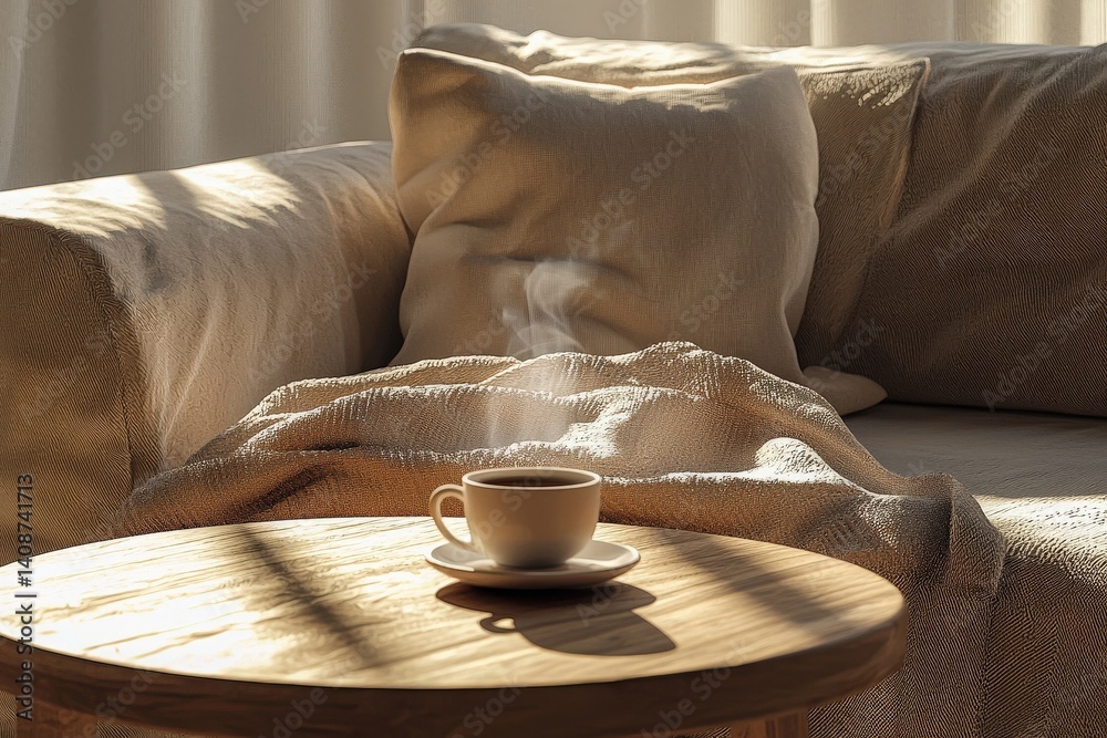 A warm and inviting living room features a cup of hot coffee resting on a wooden table. Sunlight filters through sheer curtains, illuminating soft textures on the couch and blanket.