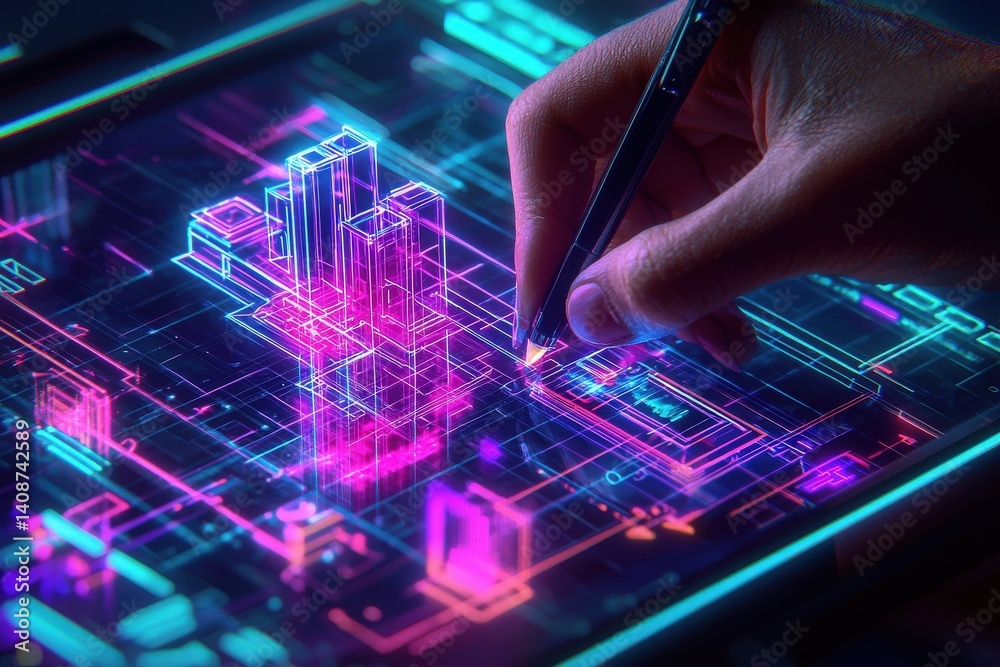 A hand illustrates a detailed cityscape using a stylus on a digital screen. Neon hues of pink and blue define the futuristic structures, showcasing creativity and technology in design.